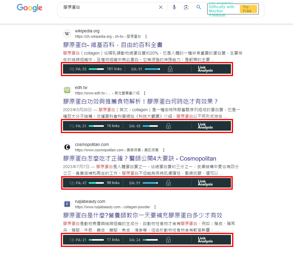 使用 MozBar 的SERP頁面