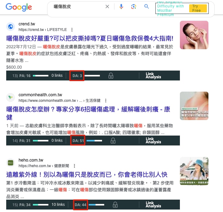 曬傷脫皮關鍵字SERP網站DA分數