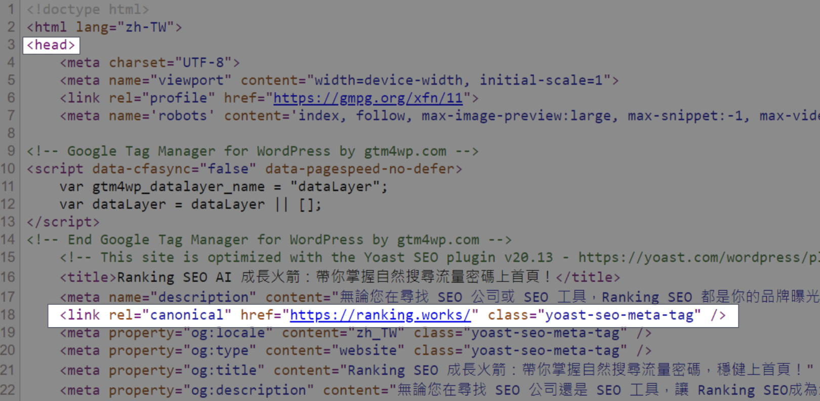 將 Canonical 設置於 HTML head 區塊