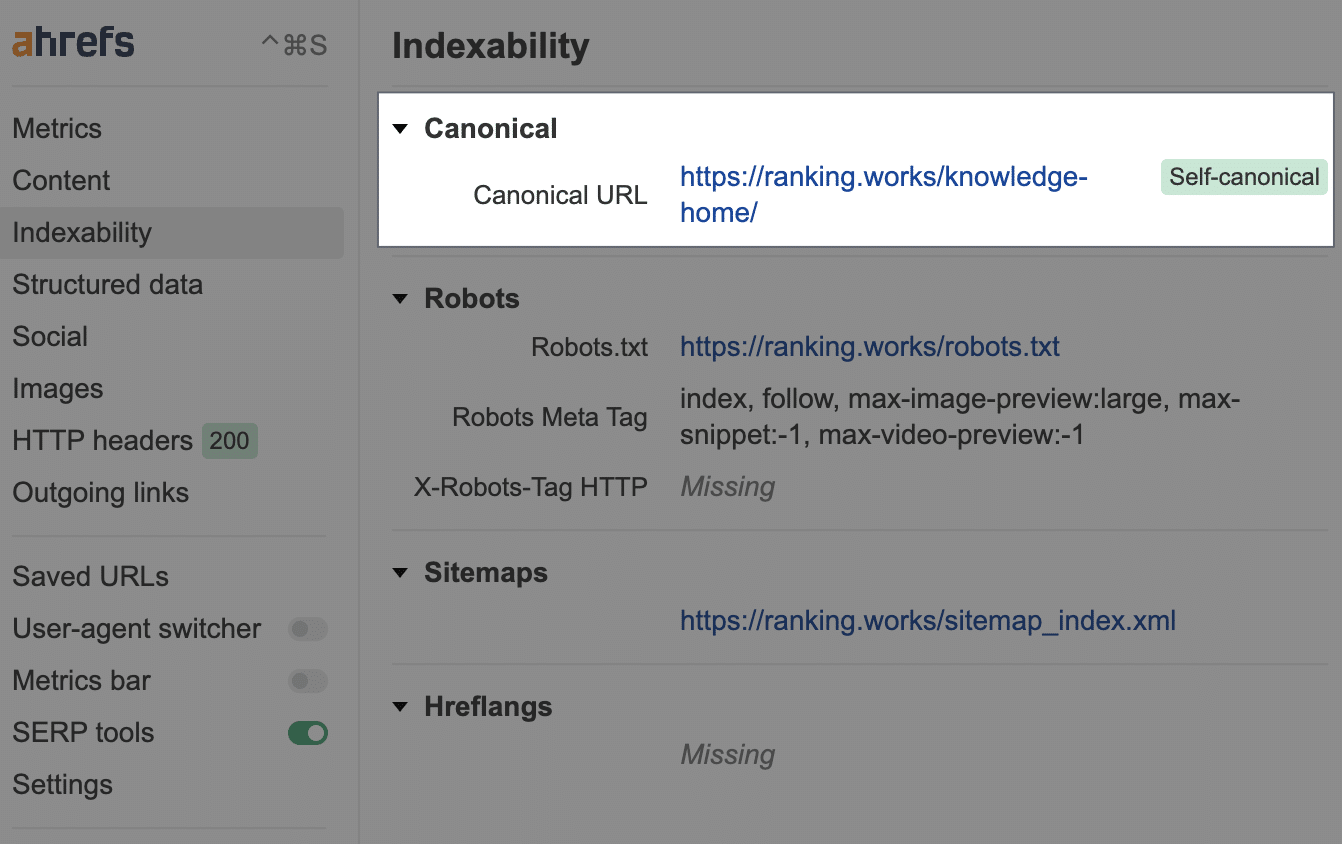 Ahrefs SEO Toolbar 小工具確認單一頁面 Canonical 設定